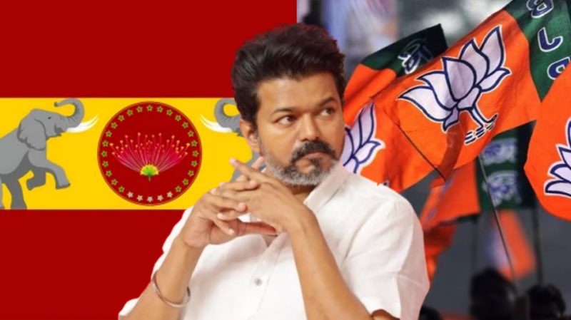 Collage image divided into sections showing actor Vijay in a white shirt with hands clasped, looking thoughtful against a saffron BJP flag background on one side, and on the other side a yellow flag with an elephant symbol and lotus emblem representing political parties, with additional saffron elements and a red backdrop.