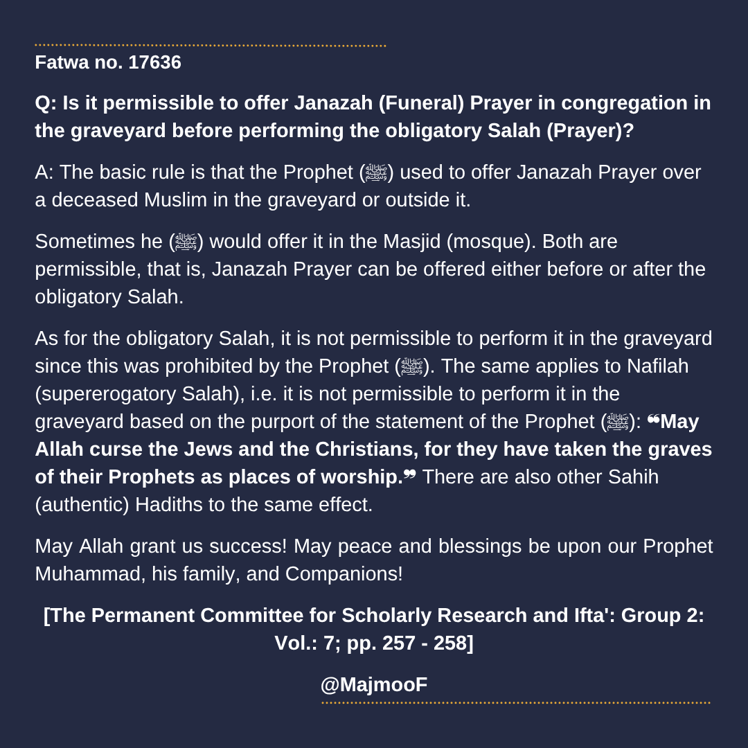 Fatwa no. 17636

Q: Is it permissible to offer Janazah (Funeral) Prayer in congregation in the graveyard before performing the obligatory Salah (Prayer)? - The Permanent Committee for Scholarly Research and Ifta' - t.me/MajmooF/7884