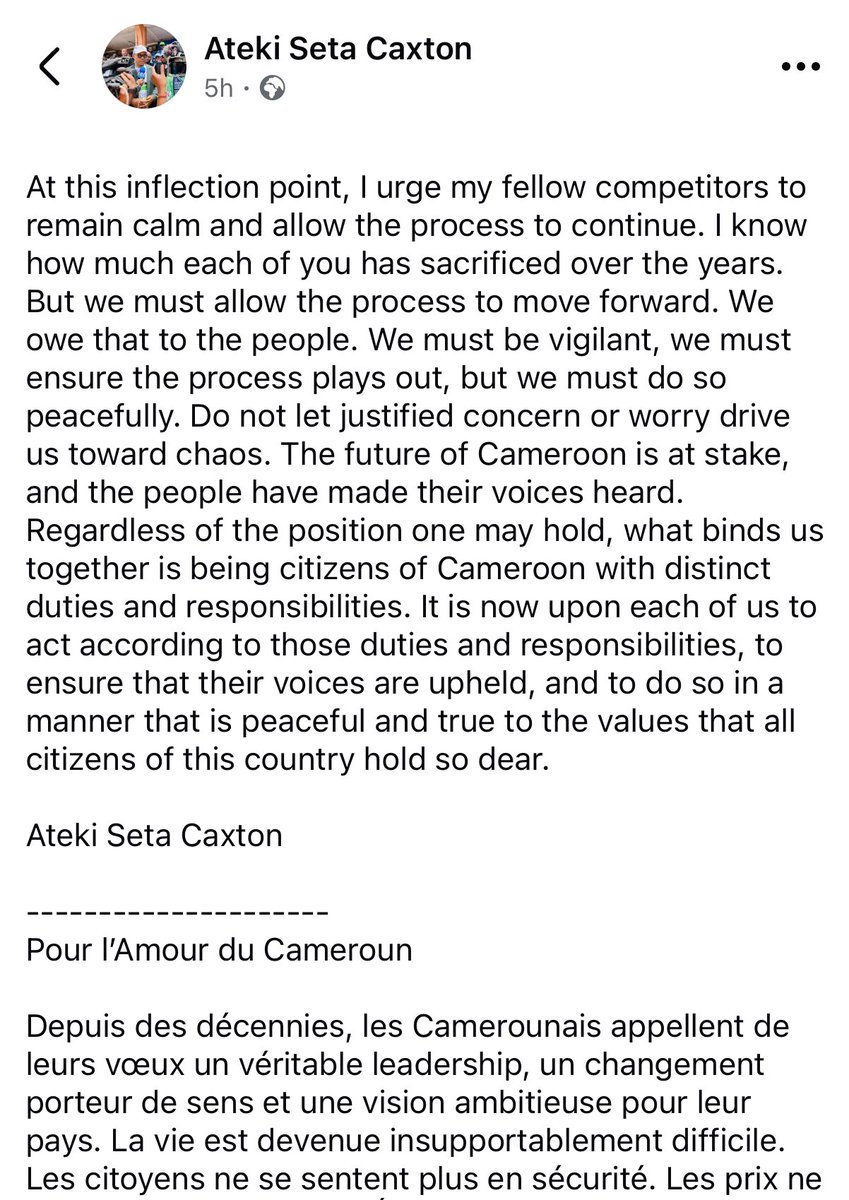 Rebecca Enonchong (@africatechie) on Twitter photo Respect to <a href="/Atekiseta/">Ateki Seta Caxton</a> for his congratulations message to Tchiroma.
As a fellow candidate from another coalition who’s seen the numbers firsthand, his acknowledgment of reality shows real leadership and the kind of humility we rarely see in politics. Respect to <a href="/Atekiseta/">Ateki Seta Caxton</a> for his congratulations message to Tchiroma.
As a fellow candidate from another coalition who’s seen the numbers firsthand, his acknowledgment of reality shows real leadership and the kind of humility we rarely see in politics.