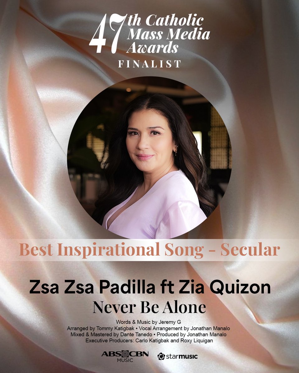 StarMusicPH's tweet photo. Congratulations, Divine Diva, @zsazsapadilla! 🎶
“Never Be Alone” is a Finalist for Best Inspirational Song - Secular at the 47th Catholic Mass Media Awards! 🙏
LISTEN HERE: https://t.co/PW8AU1eLB1
#47thCMMA #CMMA2025 #MusicCategory https://t.co/enCRbASZWp