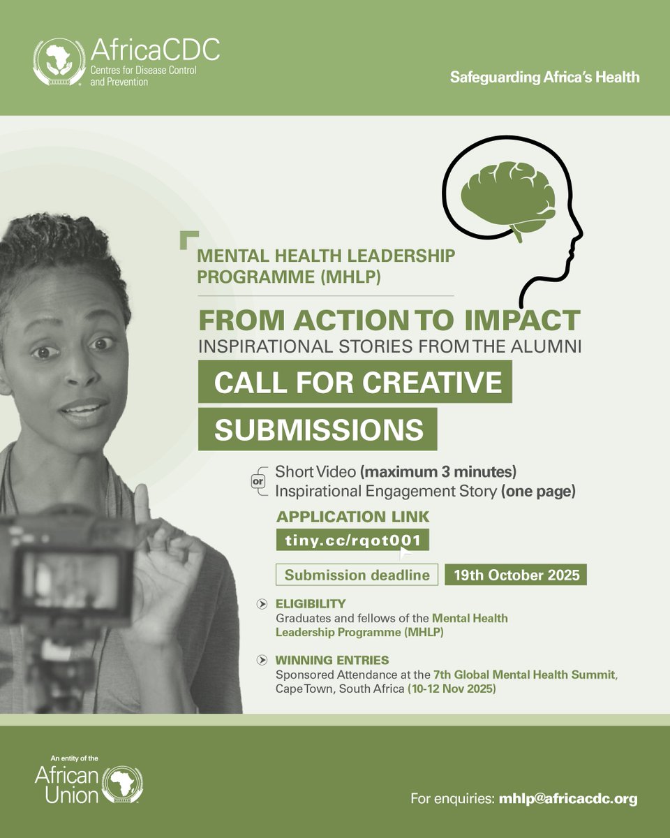 Are you a graduate or fellow of the Africa CDC Mental Health Leadership Programme (MHLP)?

Here’s your chance to showcase how your work is transforming mental health across Africa.

✅ Submit a short video (max 3 mins) or a 1-page inspirational story highlighting your initiative,