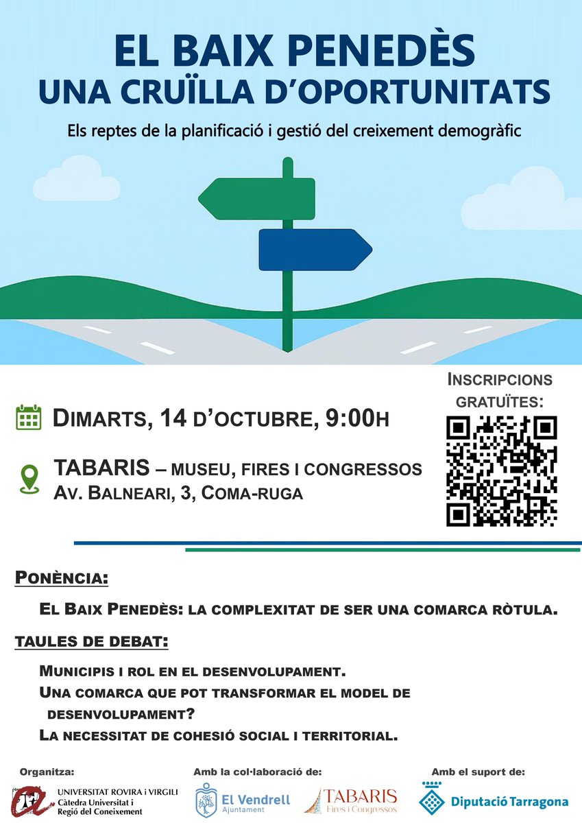 Recordem que demà, 14 d’octubre, Tabaris (Coma-ruga, 9h.), acull la jornada "Baix Penedès: una cruïlla d’oportunitats"  Organ. la <a href="/RconeixementURV/">Càtedra Universitat i Regió del Coneixement URV</a>, amb col·laboració de l’<a href="/elvendrell_cat/">Ajuntament del Vendrell</a> i suport de la @dipta_cat.
Inscipcións gratuítes: eventbrite.es/e/170717105758…