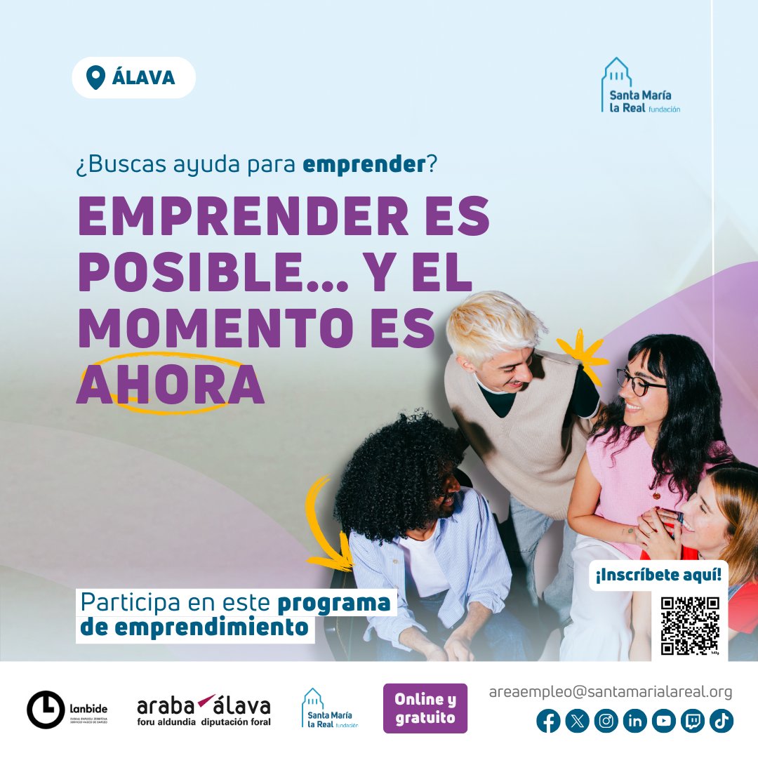 💡Emprender es posible...¡y el momento es AHORA! Si vives en📍#Álava y sueñas con emprender, ¡Te ayudamos a impulsar tu #emprendimiento! Apúntate a esta formación GRATUITA y online.

📅 Octubre – Noviembre
📥 ¡Inscríbete, son PLAZAS LIMITADAS! → bit.ly/inscripción-co…