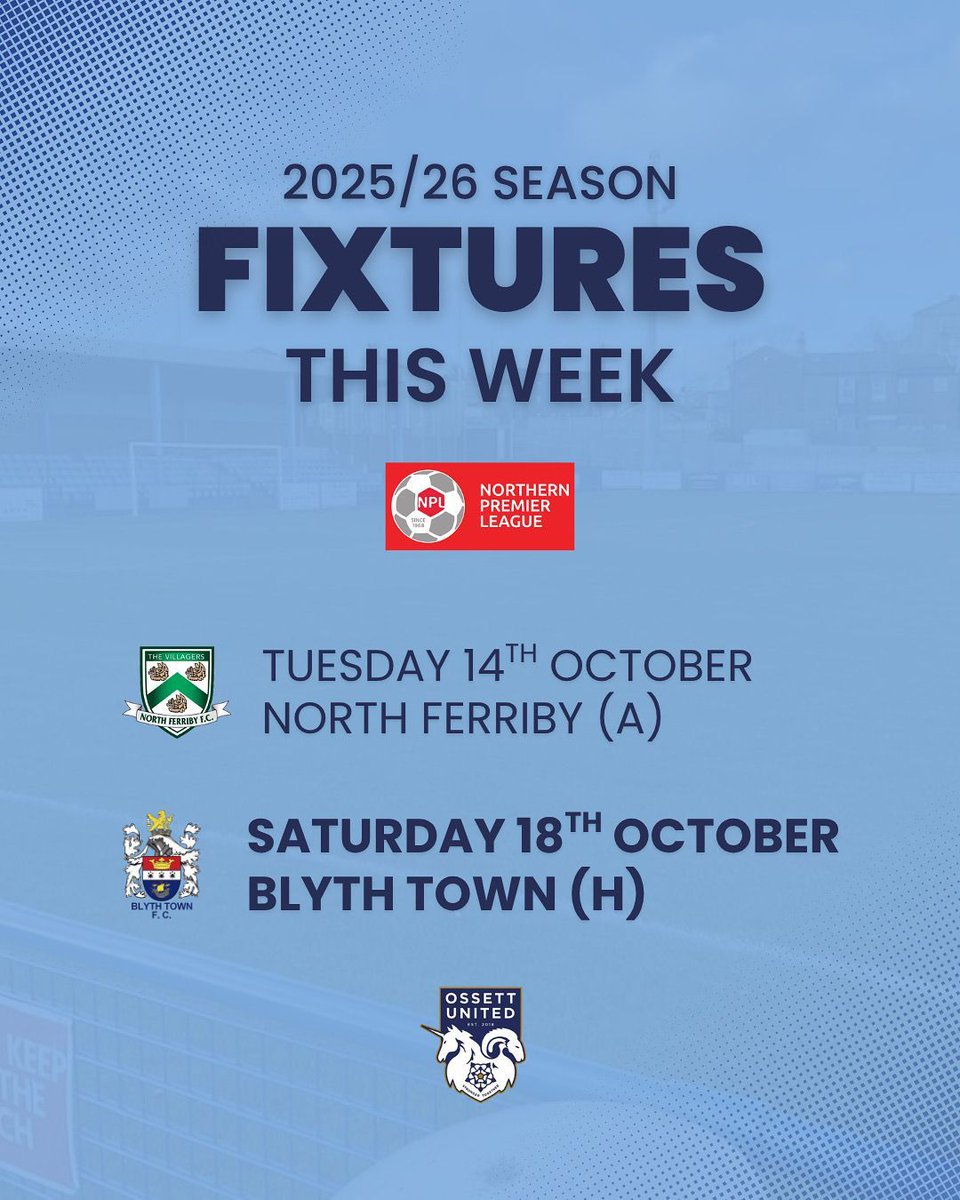 OssettUnited's tweet photo. THIS WEEK’S FIXTURES 🗓️

Another two-game week as we head across the M62 to face the villagers tomorrow and then we’re back in action at Ingfield on Saturday to host Blyth Town.

Let’s bring a crowd to both games 👊🏽

#OUFC #StrongerTogether https://t.co/W0gPbbYWBX