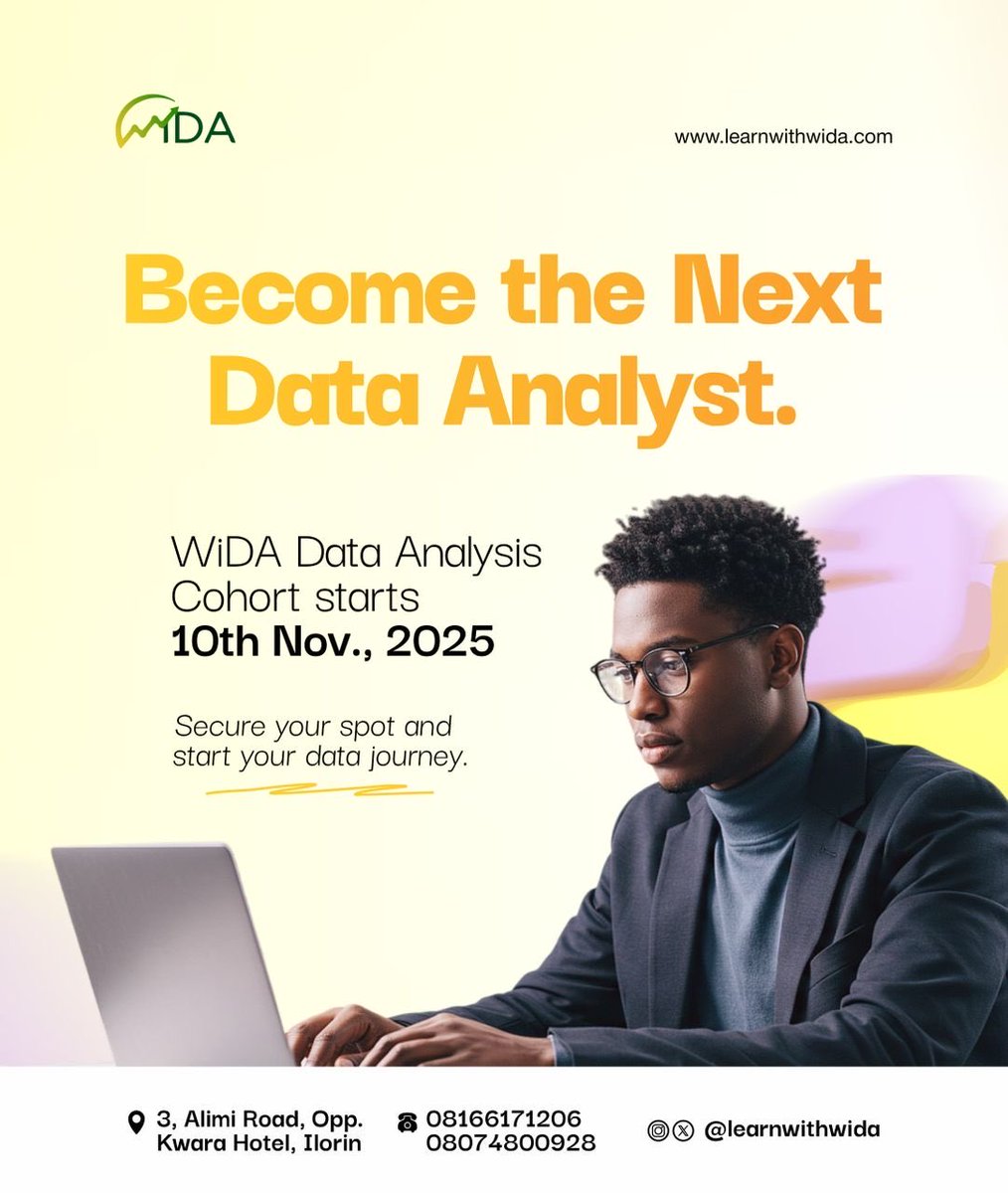LearnwithWiDa's tweet image. Dreaming of a career in Data Analysis? 💻📊
Our Data Analysis next Cohort kicks off Nov 10th, 2025!
Learn, network, and build real-world skills that get you hired.
Don’t just love data — master it.
👉 Register now: learnwithwida.com
wa.me/2349074800938
#DataAnalytics