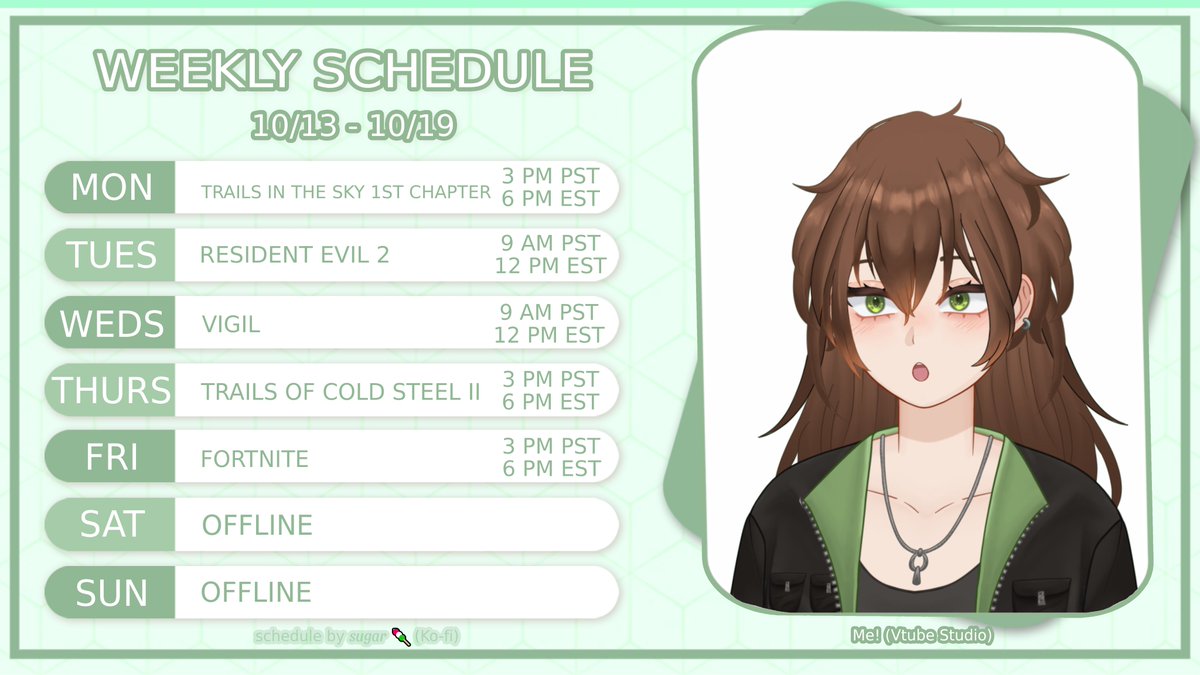 _luckyamulet_'s tweet photo. Schedule for the week!
β¬οΈ
(Times or games may change at any point so keep a look out for updates here and on #twitch!)
#Vtuber #ENVtuber #indiestreamer #Vtubers #TrailsofColdSteel2 #TrailsintheSky1st #VIGIL #ResidentEvil2 #Fortnite #Fortnitemares2025 #TrailsintheSky1stChapter https://t.co/DyJc6fa58j