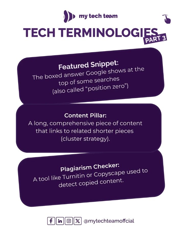 mytechteam's tweet photo. Level up your SEO knowledge with Tech Terminology Part 3! 💡
 Featured Snippet
 Content Pillar
 Plagiarism Checker
Master these, and you're already ahead! 👇
#ContentStrategy #SEO #DigitalMarketing #TechTerms
#mytechteam https://t.co/9tYwvJk7Mj