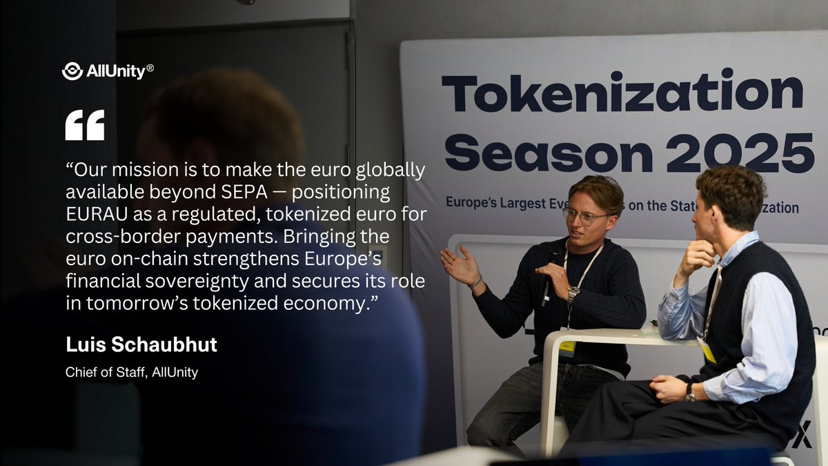 AllUnityStable's tweet image. 🎤Last week at Tokenization Season ’25 Frankfurt Summit
Our chief of staff Luis Schaubhut represented AllUnity on the panel “The Struggle of Euro Stablecoins: Can a Bank Consortium Create Real Demand?”
Panelists included leaders from @Bpifrance, @FireblocksHQ and @MorphoLabs,…