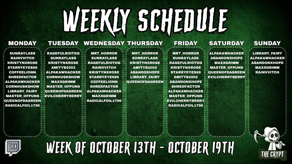 Here's the schedule for the Crypties this week: