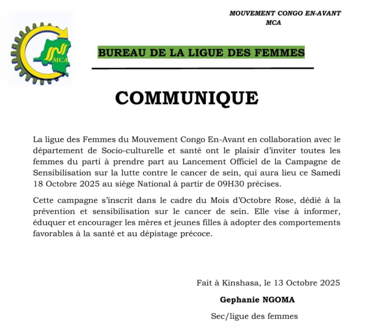 CITOYEN CHRIS BAKADIFUILA (@bakadifuilachri) on Twitter photo Urgent 🚨
La ligue des femmes du Parti Mouvement Congo en-Avant MCA parti cher au Président Kas KASONGO KALALO <a href="/KasongoKas/">✍️(3K) KASONGO KAS</a> 3K, en collaboration avec le département de socio-culturel et santé ont le plaisir d’inviter toutes les femmes du Parti à prendre part au Lancement Officiel Urgent 🚨
La ligue des femmes du Parti Mouvement Congo en-Avant MCA parti cher au Président Kas KASONGO KALALO <a href="/KasongoKas/">✍️(3K) KASONGO KAS</a> 3K, en collaboration avec le département de socio-culturel et santé ont le plaisir d’inviter toutes les femmes du Parti à prendre part au Lancement Officiel