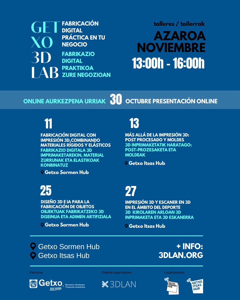 Presentamos #Getxo3DLAB un programa de talleres sobre fabricación digital aplicada a los negocios, impulsado junto a <a href="/getxolan/">Getxolan</a> con temáticas como la inteligencia artificial aplicada al diseño 3D 

Presentación online: 30 octubre
+ info e inscripciones en 3dlan.org/que-hacemos/ge…