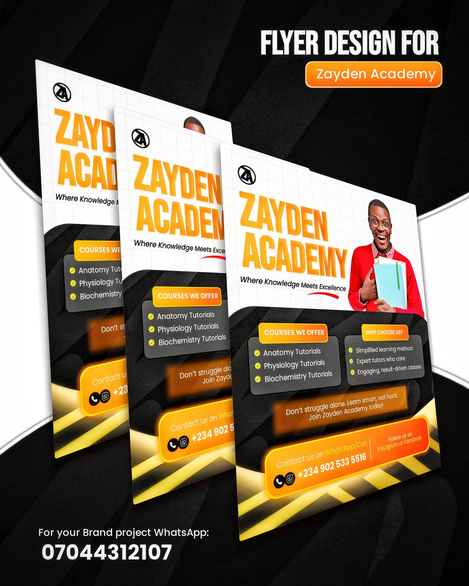 Flyer I made for Zayden Academy 📚  
Clean and easy to read but still eye-catching  
Good design helps your brand get noticed and remembered  
That’s what I do with every project  

I’m a graphic designer  
My DM is open work with me this week 🙂