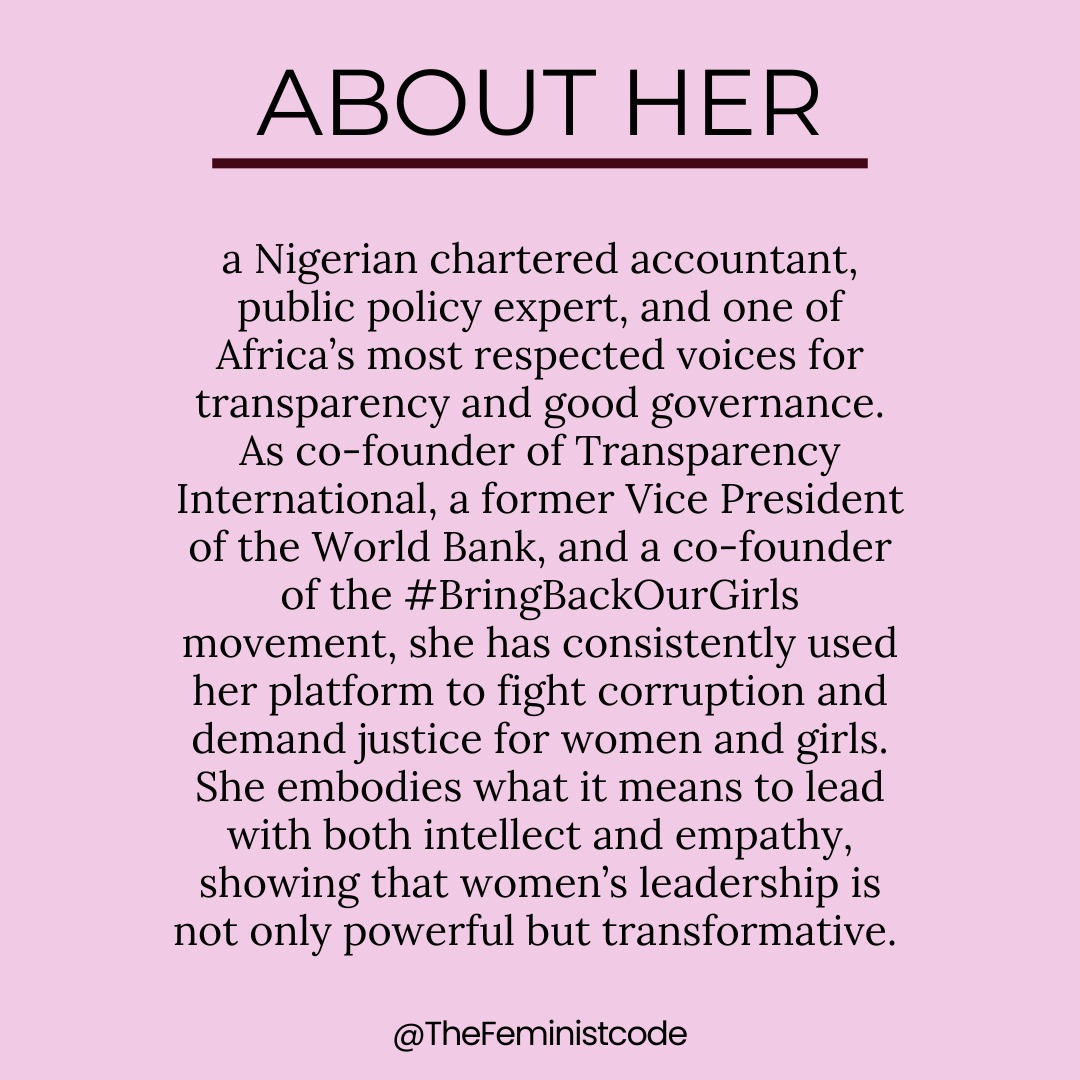 TheFeministcode's tweet image. Our Weekly Woman Spotlight is Oby Ezekwesili ✨
Co-founder of Transparency International. Former World Bank VP. Voice behind #BringBackOurGirls.
She is proof that women’s leadership can shift nations 🌍💜
We love and appreciate her work!
#TFC #ObyEzekwesili #WomenWhoInspire