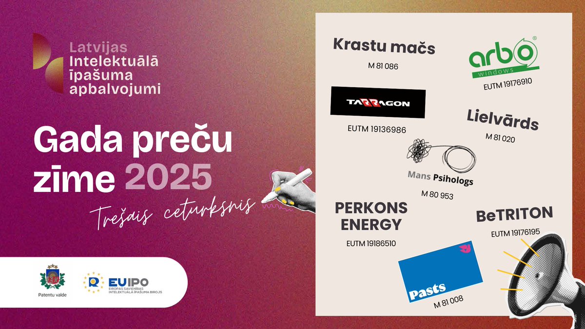 Patentu_valde's tweet photo. 🏆 Patentu valdes eksperti apkopojuši apbalvojuma “Gada preču zīme” 2025 nominantus par 3. ceturksni.

📷 Uzzini vairāk: https://t.co/2LHTVLqKZn 
#PrečuZīme #GPZ2025 #GadaPrečuZīme #PatentuValde #IntelektuālaisĪpašums

@EU_IPO https://t.co/u34Zg1D8I0