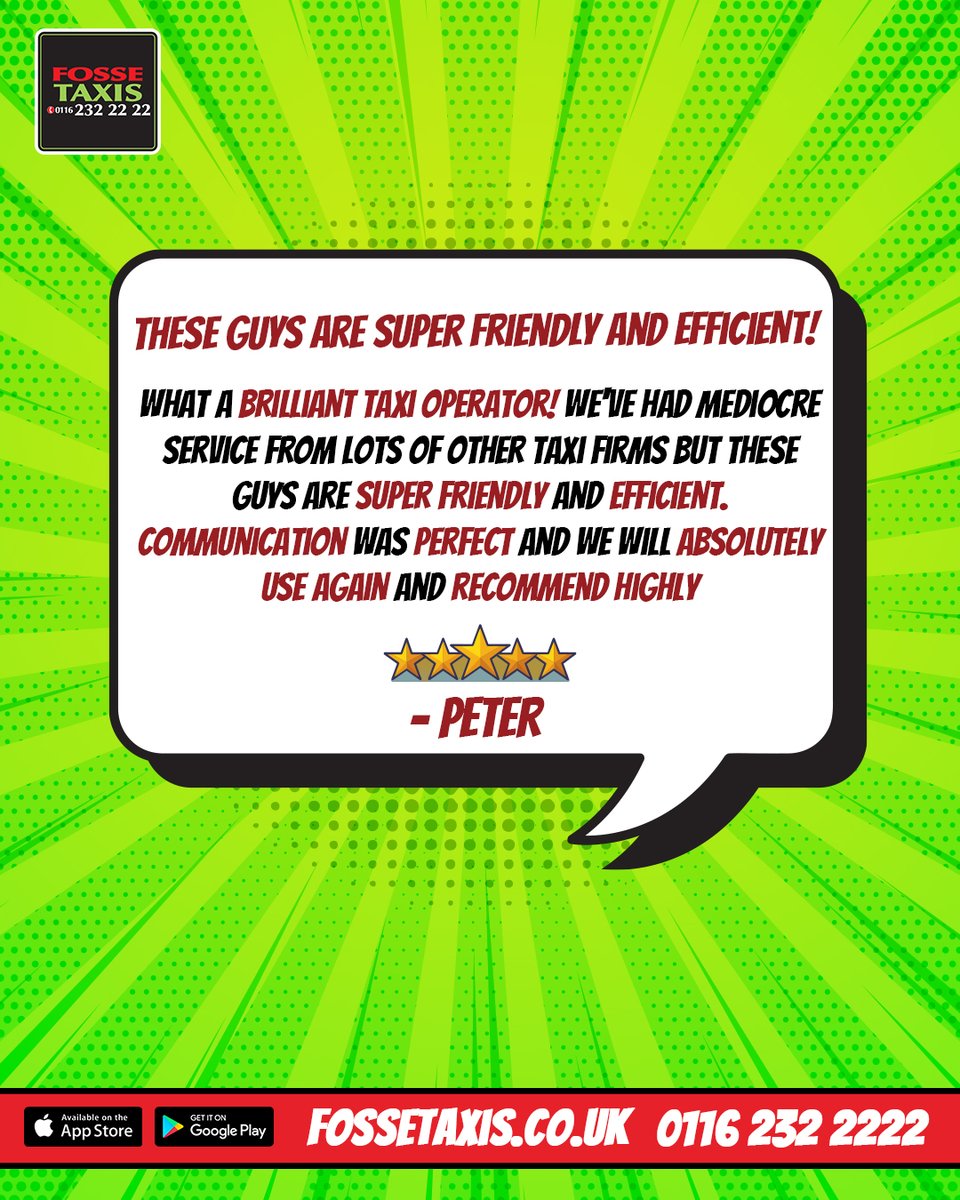 Thanks so much for the 5⭐ review, Peter! 

We can’t wait to welcome you back soon.
.
.
.
.
.
#Leicester #FosseTaxis #CustomerLove #TaxiLeicester #YourLocalTaxi #TrustedService #LeicesterLife #GoToTaxi