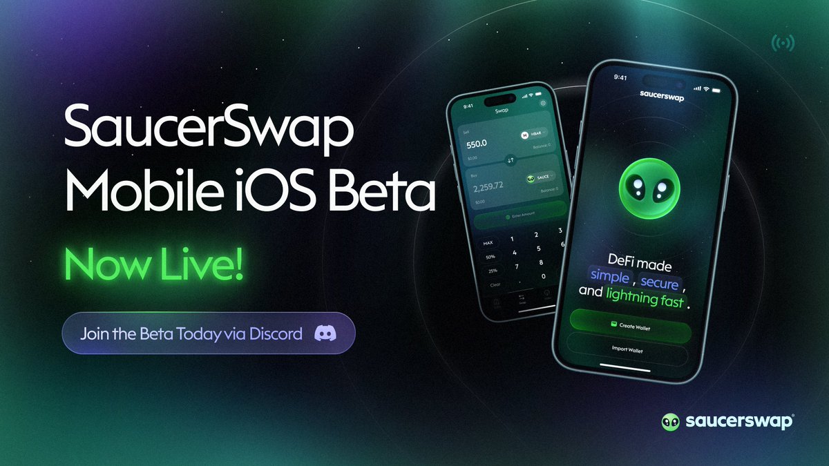 SaucerSwap Mobile iOS Beta is now live.

Be one of the first to experience @Hedera DeFi anywhere you go: secure biometric login, real-time pricing, instant swapping, and fast finality.

Get early access now: discord.gg/BpZAGpzGfw