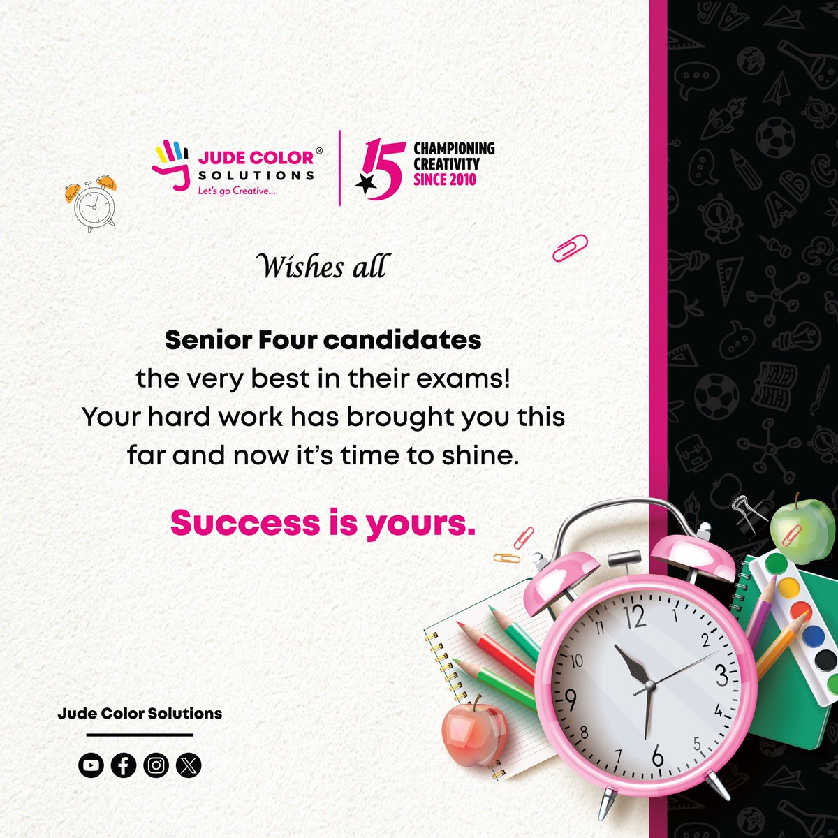 To all Senior Four candidates, you’ve got this! Wishing you success, confidence, and great results.
With love from Jude Color Solutions. 
#UCEExams #GoodLuck #JudeColorSolutions