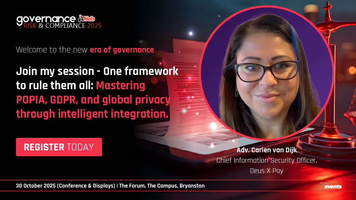 ITWeb_Events's tweet image. Join Adv. Carien van Dijk for an insightful session on mastering POPIA, GDPR and global privacy through intelligent integration. Register today!
itweb.co.za/event/GRC2025/
#ITWebGRC2025