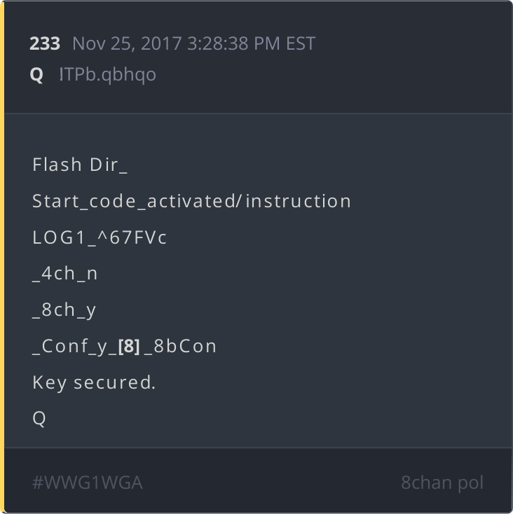 #233 détruit le narratif de Paul (Q infiltré).

Q poste sur 4chan jusqu'à fin 2017, puis migre à 8chan (janvier 2018), validant ce drop.

#233 confirme la transition 4chan/8chan pour sécuriser les communications ("Key secured").

🤫🐸

x.com/Alexis_Cossett…