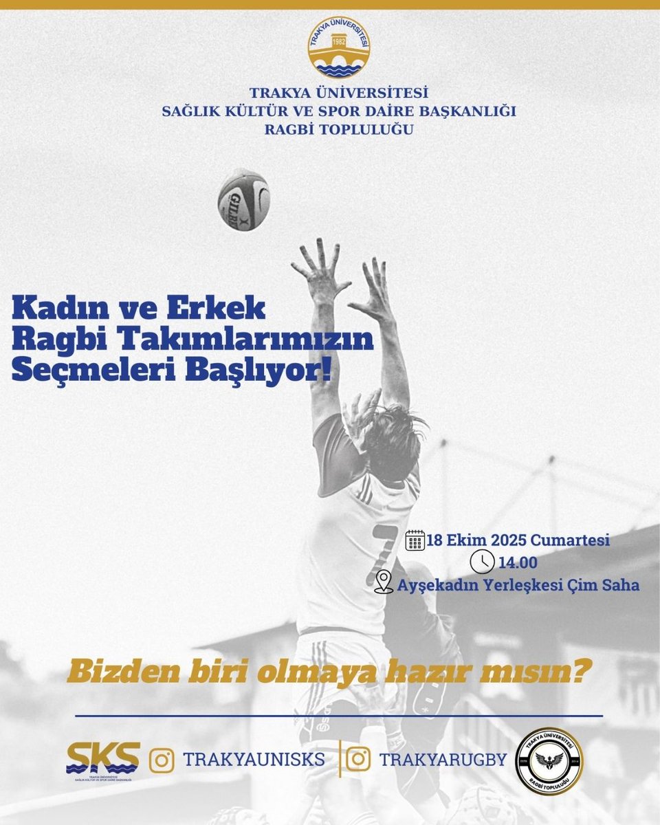 Oyuncu seçmelerimiz başlıyor! Yeni kupaları birlikte kazanalım🏉 💪

#trakyarugby #rugby #edirne #trakyaüniversitesi