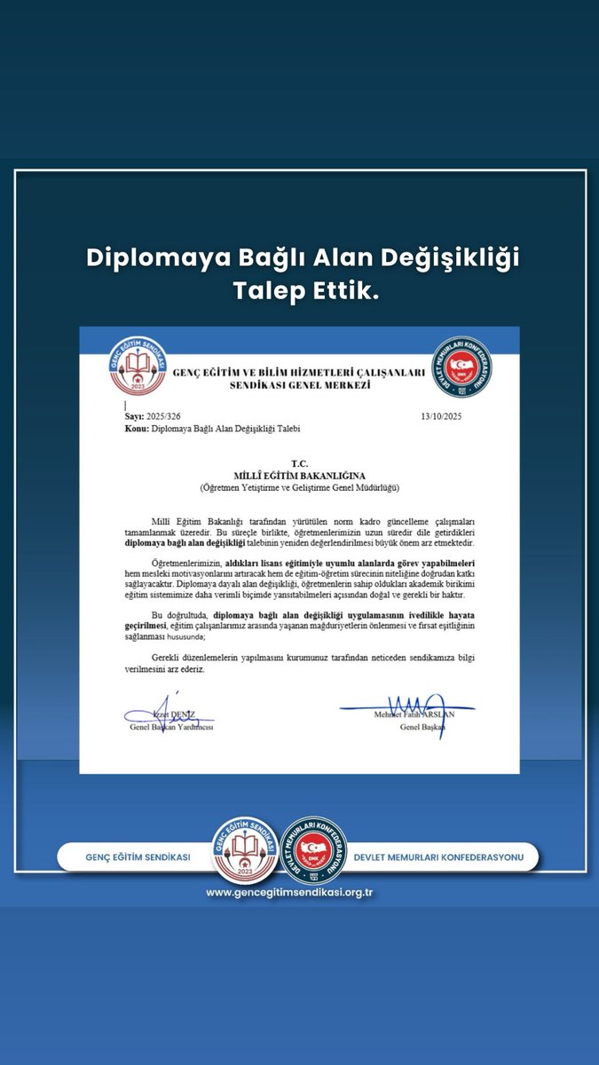 Öğretmenlerimizin akademik birikimlerini eğitim sistemine daha verimli yansıtabilmeleri açısından büyük önem taşımaktadır.

Genç Eğitim Sendikası olarak, bu konuda öğretmenlerimizin uzun süredir dile getirdiği talebi Millî Eğitim Bakanlığı’na resmi yazıyla ilettik.

Bu adım, hem