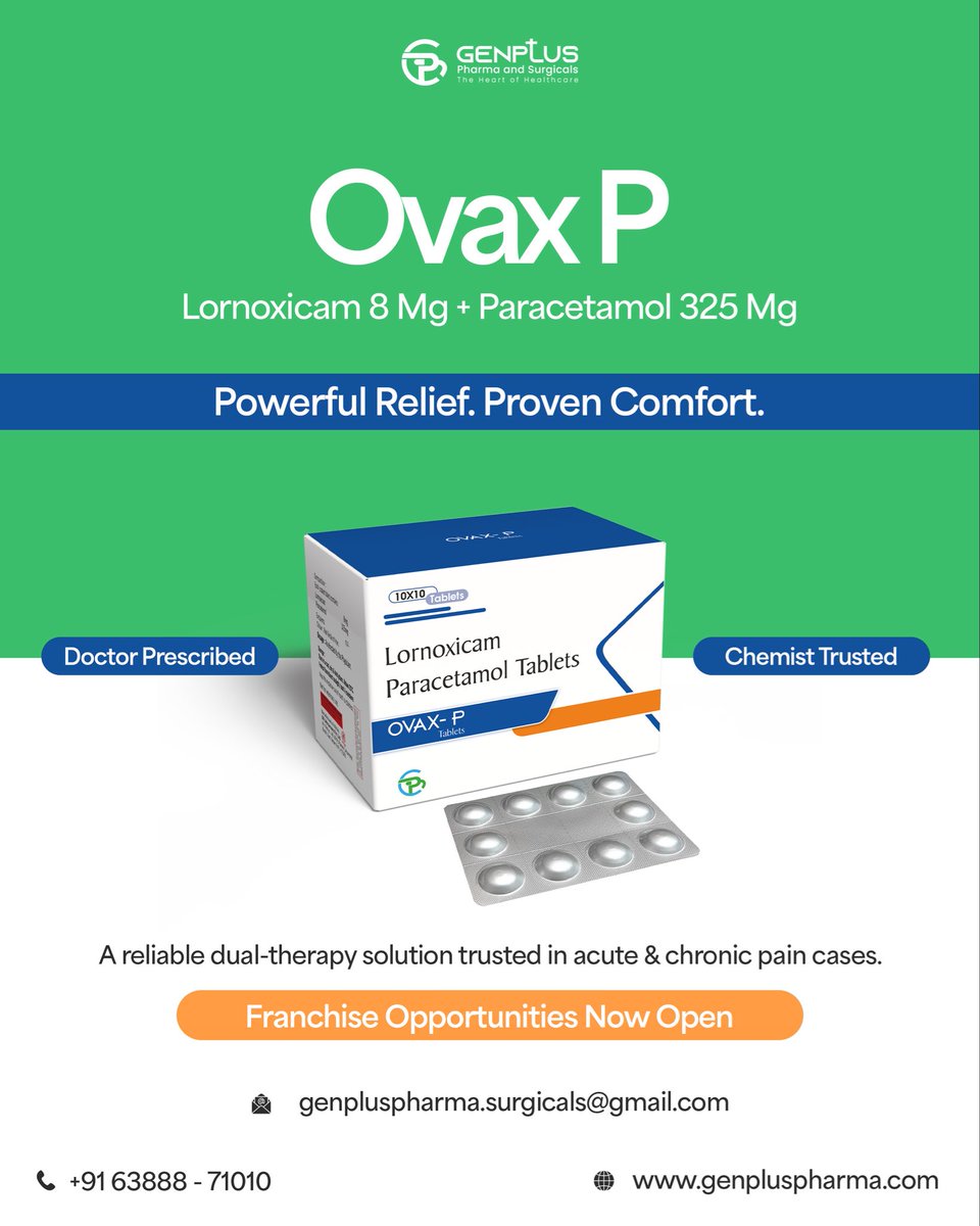 Genpluspharma's tweet photo. 💊 Inside Ovax P: Dual Power for Pain &amp; Inflammation.
Experience smarter pain relief with the powerful blend of Lornoxicam and Paracetamol — designed for faster comfort and longer-lasting action.

#OvaxP #Pharma #LornoxicamParacetamol #GenplusPharma https://t.co/tuTKLZDX4v