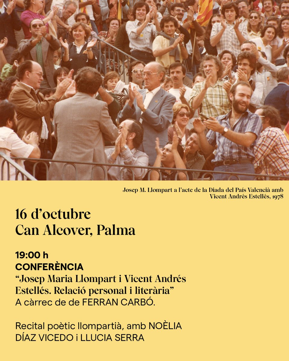 CONFERÈNCIA I RECITAL | El 16 d'octubre, <a href="/mcaliteraria/">Mallorca Literària</a> organitza la conferència "Josep Maria Llompart i Vicent Andrés Estellés. Relació personal i literària" de Ferran Carbó i recital de Noèlia Díaz Vicedo i Llucia Serra.

🗓️ Dijous, 16 d'octubre
🕜 19 h
📍Ca n'Alcover