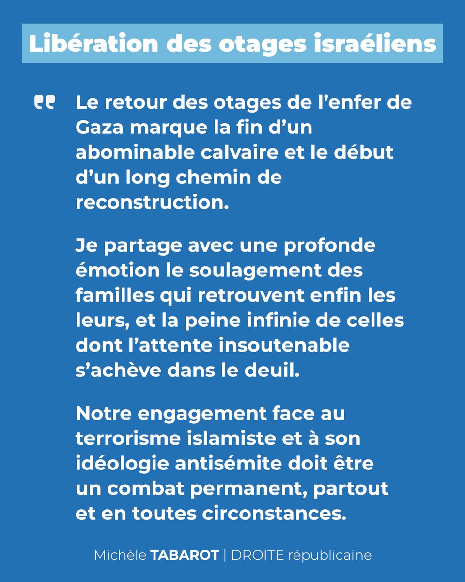 Le retour des otages de l’enfer de Gaza marque la fin d’un abominable calvaire et le début d’un long chemin de reconstruction.
Je partage avec une profonde émotion le soulagement des familles qui retrouvent enfin les leurs, et la peine infinie… [1/2]
#Israel