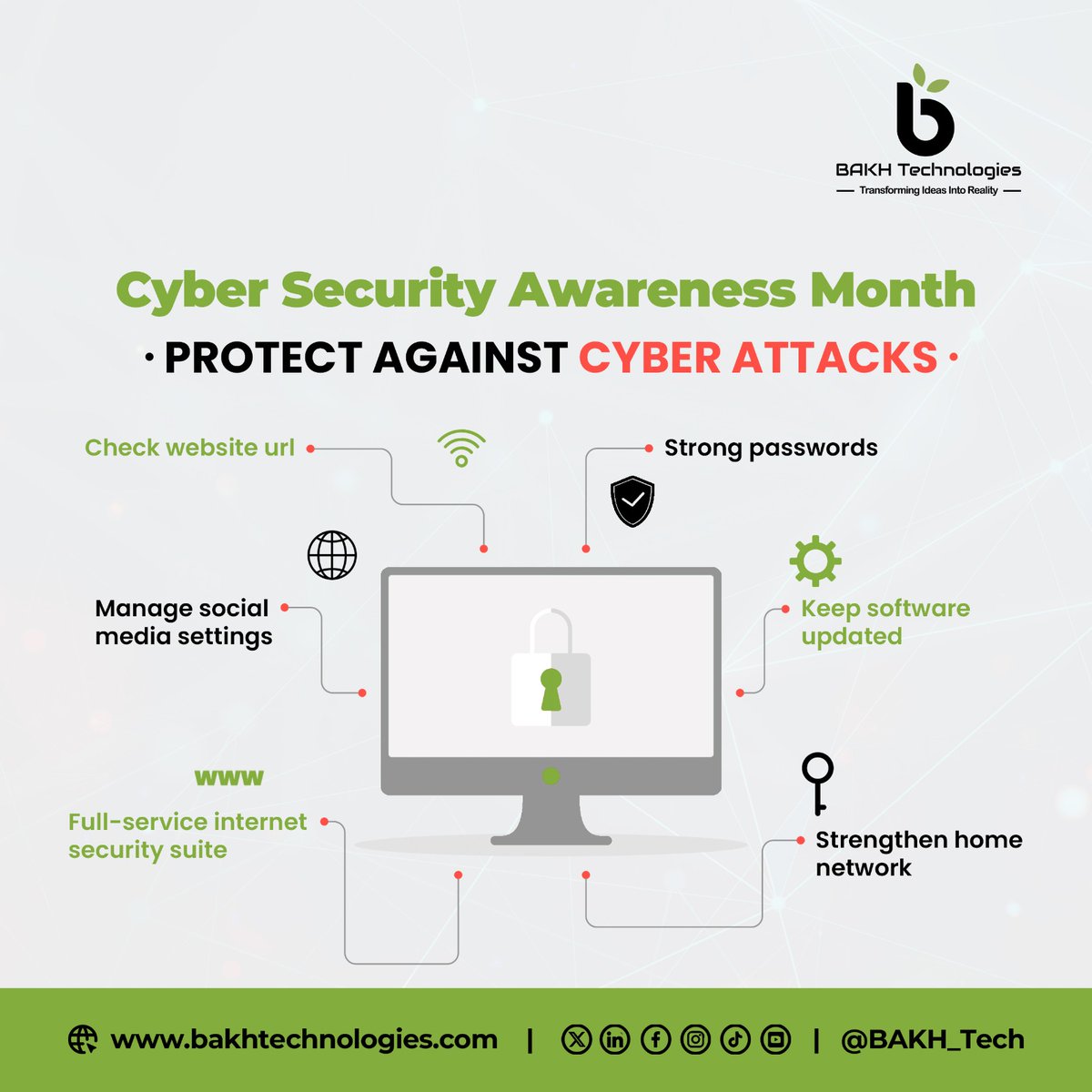 BAKH_Tech's tweet image. 🛡️ October = Cyber Security Awareness Month!

Protect yourself from cyber attacks with these quick tips:
🔒Strong passwords
🌐Check URLs
📲Adjust social media settings
🛠 Keep software updated
🧰Use a security suite

#CyberSecurityMonth #BAKH_Tech #DigitalSafety