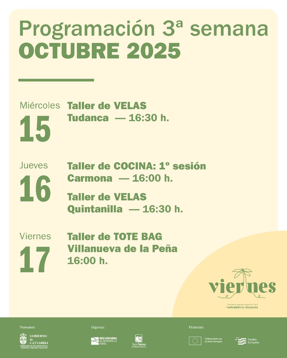 ProgramaViernes's tweet image. Programación #Viernes del 13 al 17 de octubre. Más información en programaviernes.com y consultas en el 772 142 973 y en el 623 259 382. #SoledadNoDeseada #Prevención #Programación #Comunidad #CampooLosValles #SajaNansa #Cantabria #NextGeneration #FondosEuropeos