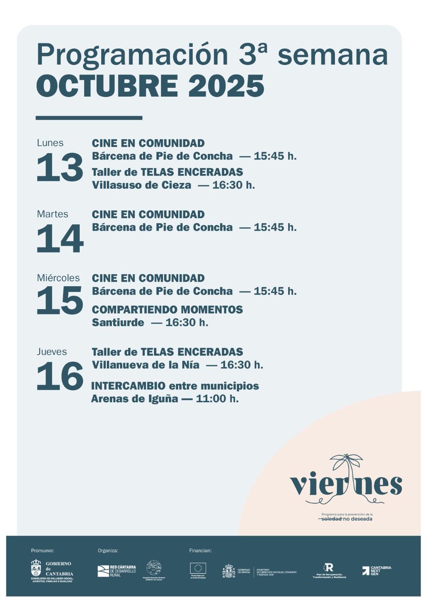 ProgramaViernes's tweet image. Programación #Viernes del 13 al 17 de octubre. Más información en programaviernes.com y consultas en el 772 142 973 y en el 623 259 382. #SoledadNoDeseada #Prevención #Programación #Comunidad #CampooLosValles #SajaNansa #Cantabria #NextGeneration #FondosEuropeos