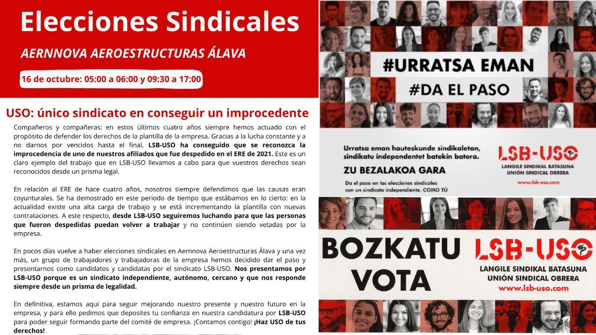 LSB_USOEuskadi's tweet photo. #Sindicato LSB-#USO ✊🏼 pelea por los derechos laborales en #Aernnova Aeroestructuras #Álava
🗳️Esta semana tendremos elecciones sindicales para actualizar el comité . Es el momento de apostar por LSB- #USOSinDuda 👌🏼
⤵️👇🏻⤵️
https://t.co/FDL6gHTnuX https://t.co/hWnxsJF6L7