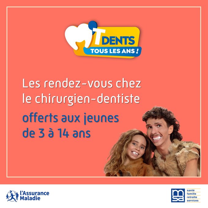 msa_bourgogne's tweet photo. Programme #PréventionBuccoDentaire « M���T dents » destiné aux 3-24 ans devient « M’T dents tous les ans ! »
Il permet aux 3-24 ans de bénéficier d’un RDV annuel chez le chirurgien-dentiste, 100% pris en charge par la  MSA et les complémentaires santé.
https://t.co/dMbmJHjvEL https://t.co/ejwHDoXtjV