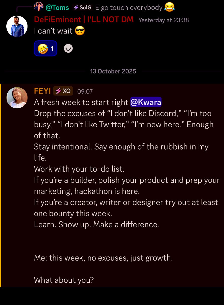 callmeFeyi_'s tweet photo. GM @SuperteamNG builders, This week, no excuses, just growth. 

What about you? https://t.co/0WfrBZYGr2