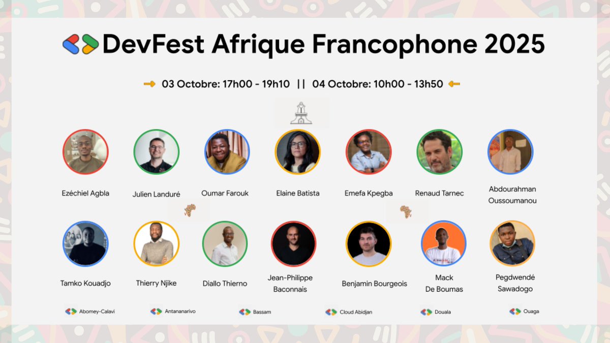 Nous tenons à remercier chaleureusement l'ensemble des speakers et speakeuses de la deuxième édition du DevFest Afrique Francophone pour la qualité exceptionnelle de leurs talks et de leurs labs.

Leur expertise et leur engagement ont grandement contribué au succès de cet