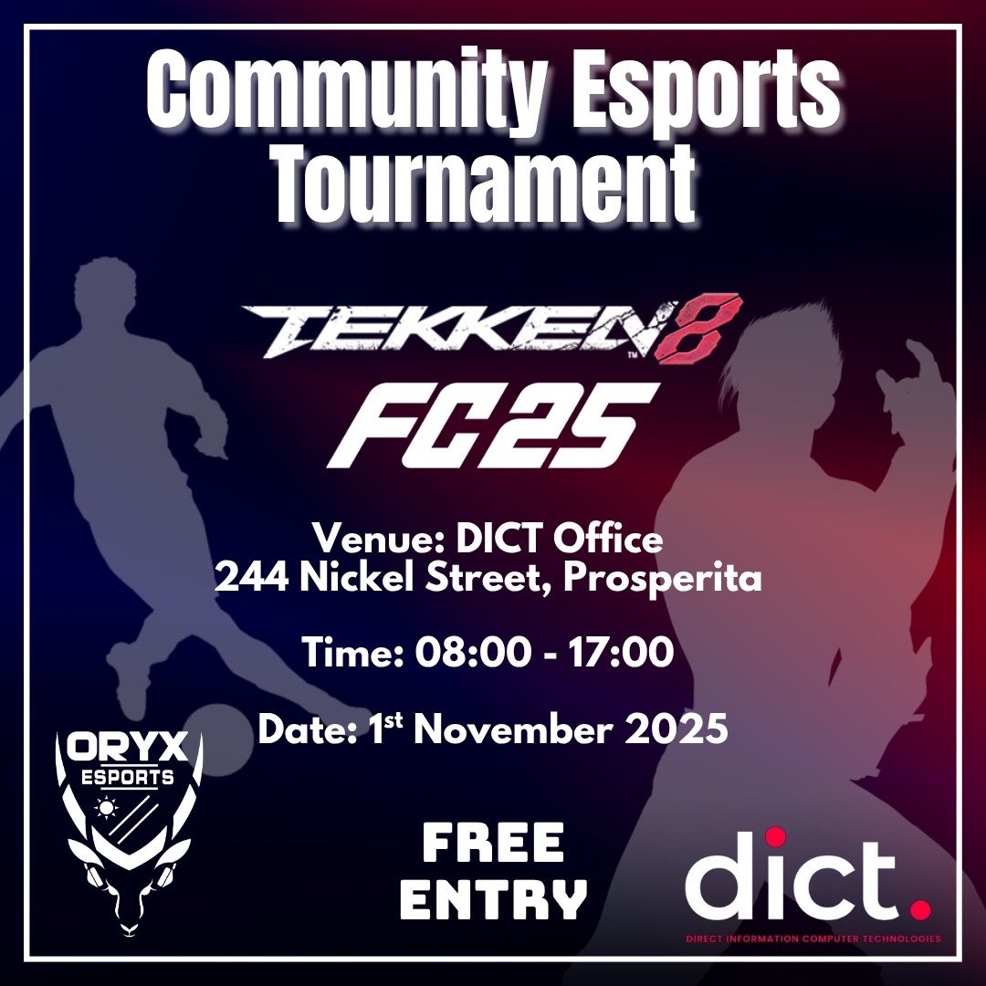 🎮Community Esports Tournament!🎮
Oryx Esports Namibia, in collaboration with DICT

🗓01-11-2025
📍DICT Office, 244 Nickel Street, Prosperita, Windhoek
🕒08h00 – 17h00
🎯forms.gle/RSd42MAC2MjGuH…

🥇1st Place – N$500
🥈2nd Place – N$250

#CommunityTournament #Tekken8 #FC25 #dictna