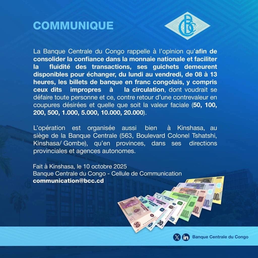 MbalaDivin81465's tweet image. Suite à la multiplicité des taux pratiqués par les cambistes, consécutive à la dépréciation du franc congolais,la Banque Centrale du Congo (BCC) invite les Congolais des 26 provinces à se référer exclusivement au siège de cette institution,à kin et aux provinces #BCC #RDC