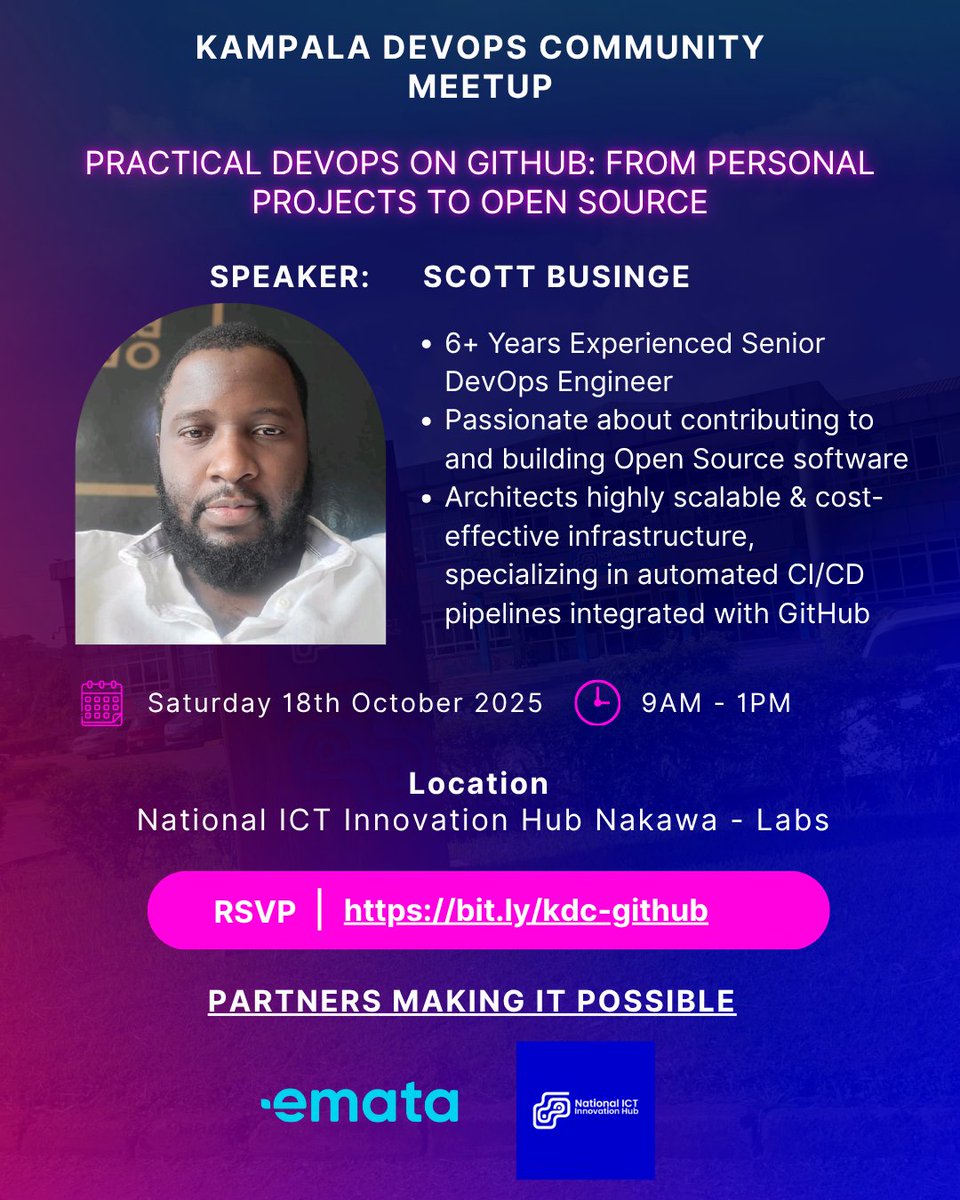 kyandaks's tweet image. 📢Devops, Software &amp;amp; data engineers in Kampala

Join in for #KampalaDevopsCommunity meetup: Practical Devops on GitHub

Learn how to use @github as your DevOps platform, CI/CD basics with GitHub actions, Open source workflow &amp;amp; Best practices

Secure spot➡️bit.ly/kdc-github