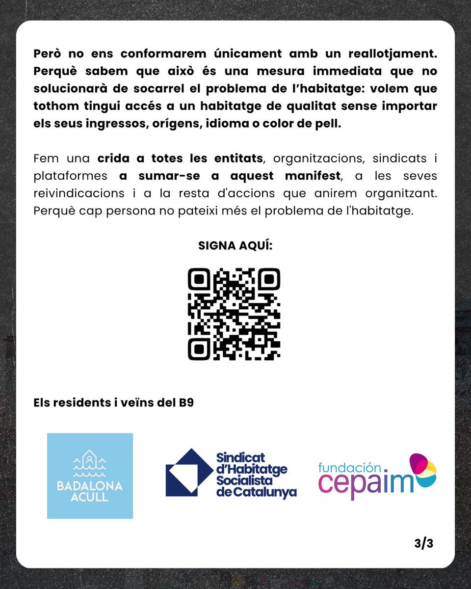 🔵 𝗠𝗔𝗡𝗜𝗙𝗘𝗦𝗧 | 𝗗𝗘𝗦𝗡𝗢𝗡𝗔𝗠𝗘𝗡𝗧 𝗠𝗘́𝗦 𝗚𝗥𝗔𝗡 𝗗𝗘 𝗖𝗔𝗧𝗔𝗟𝗨𝗡𝗬𝗔

De forma imminent, es desnonaran 400 persones a Badalona, el desnonament més gran dels darrers temps a Catalunya.

Davant el seu racisme, habitatge per a tothom! ✊