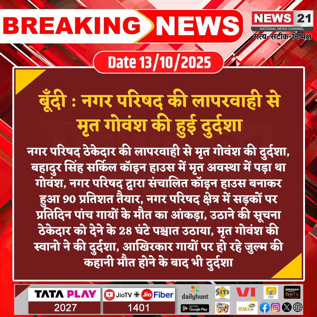 news21national's tweet photo. #Bundi : नगर परिषद की लापरवाही से मृत गोवंश की हुई दुर्दशा
#BundiNews #CowWelfare #MunicipalNegligence #AnimalRights #DeadCattle #NegligenceAlert #PublicAwareness #BreakingNews #LatestNews #news21national @DmBundii https://t.co/xAuCHNo9RM