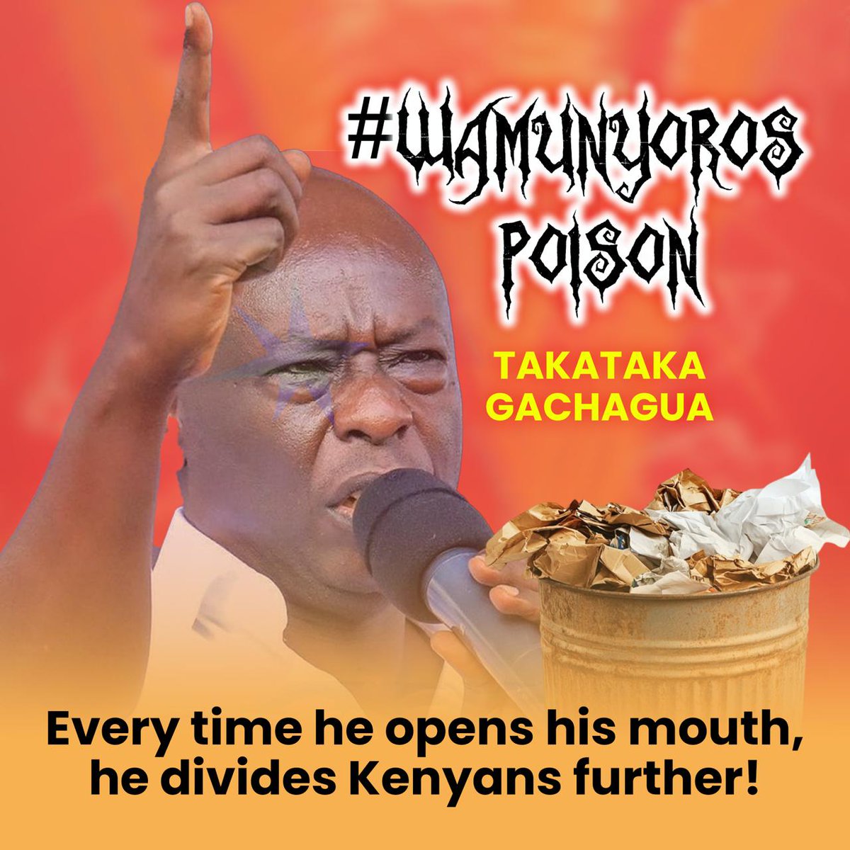 viosam18's tweet photo. The #WamunyorosPoison continues to infect our leadership space with hate, blackmail, and insults. Such politics cannot build a nation. Kenya needs leaders who respect people, value unity, and act with integrity. TakaTaka Gachagua. https://t.co/ZH8fFWLakf