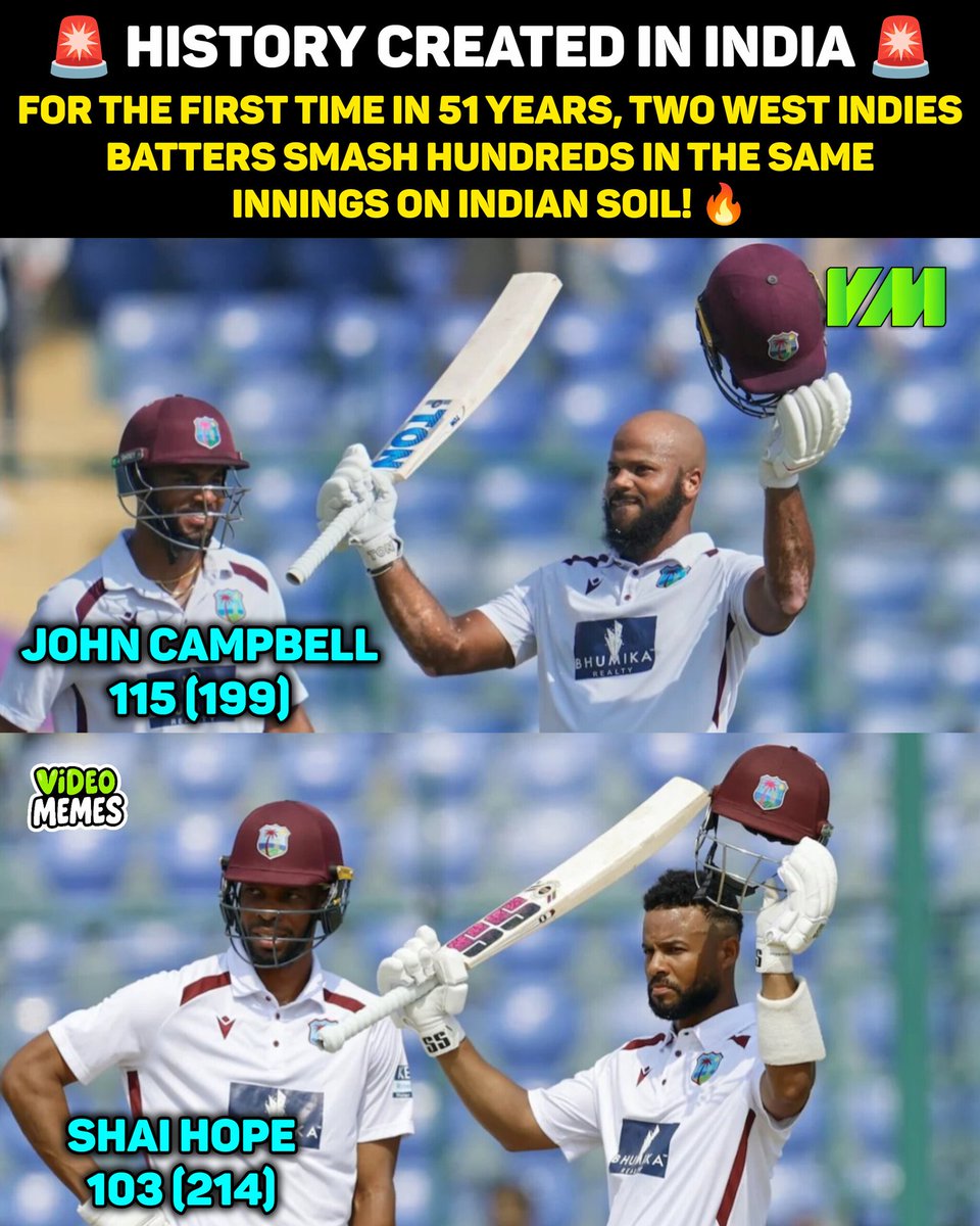 VideoMemesIndia's tweet image. For the first time in 51 long years, TWO West Indies batters hit centuries in the same innings on Indian soil! 🤯🔥

💥 John Campbell 💯
💥 Shai Hope 💯

— Caribbean pride roars again in India! 🌴🔥

#WIvIND #JohnCampbell #ShaiHope #CricketHistory #WestIndies #TestCricket