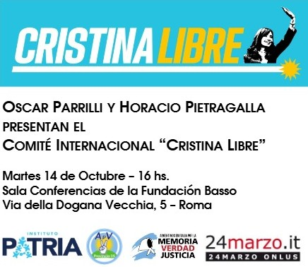 Mañana martes 14 de octubre a las 16 horas se presentara el Comité internacional #CristinaLibre en Roma, Italia 🇮🇹.
Sala Conferencias de la Fundación Basso
Via della Dogana Vecchia 5, Roma.
A cargo de <a href="/OscarParrilli/">Oscar Parrilli</a> y <a href="/pietragallahora/">Horacio Pietragalla Corti</a> 
Los esperamos.
<a href="/Gregoriodalbon/">Gregorio Dalbon #CristinaLibre</a>