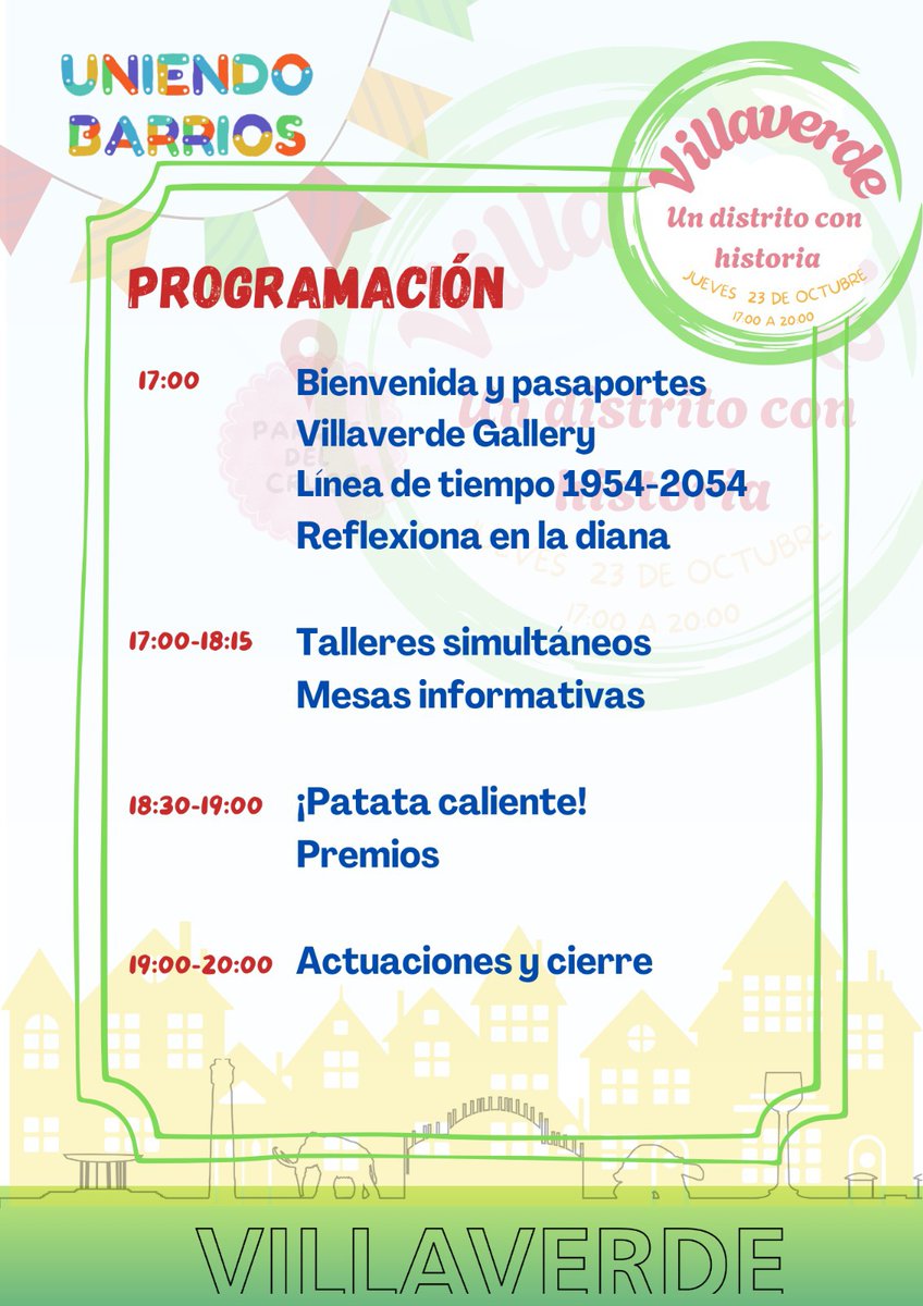 Ya queda menos para el evento de Uniendo Barrios! Juntos celebraremos el pasado, presente y futuro del distrito con actividades, actuaciones y talleres de todo tipo
Os dejamos por aquí la programación del evento
Nos vemos el 23/10 en el Parque del Cruce!
#Villaverde #UBVillaverde