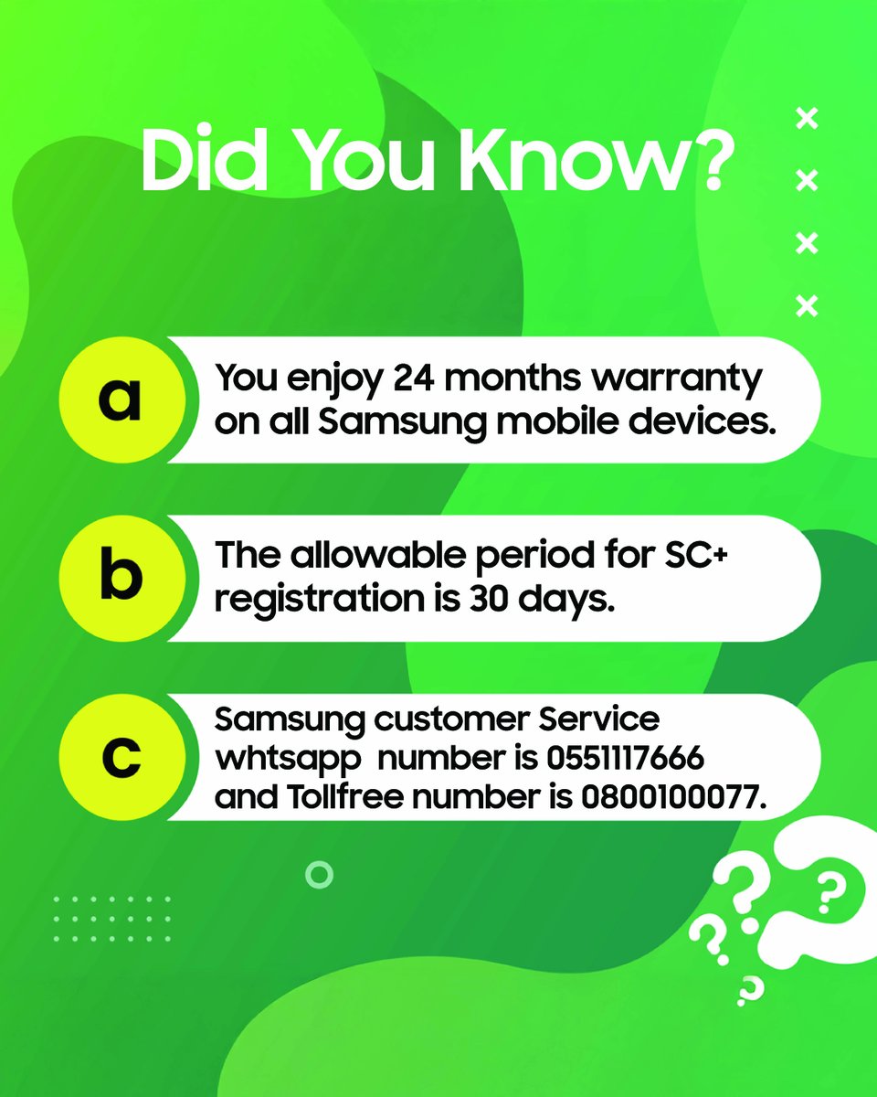 Samsung_Ghana's tweet photo. Quick facts you should know! ๐ก
โ
24 months warranty
โ
30 days SC+ registration
โ
Easy customer care access
#SamsungCustomerService #SamsungGH https://t.co/DLh2AYSoSg