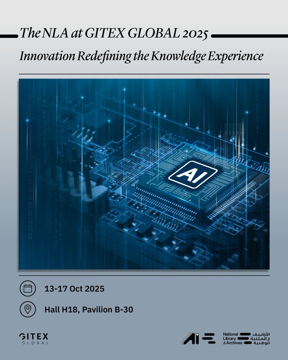 Nlauae's tweet image. The NLA at GITEX Global 2025… Innovation Redefining the Knowledge Experience

The #NationalLibraryandArchives is participating in #GITEXGlobal 2025 by presenting a range of advanced digital solutions powered by artificial intelligence. Among these is the launch of the…