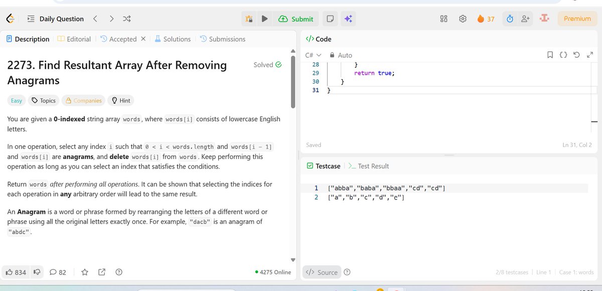 IntrovertTechi's tweet image. Day9
POTD : 2273
Easy one
#DSA #LEETCODE #100DaysOfCode #100DayChallenge
#Strings #Arrays