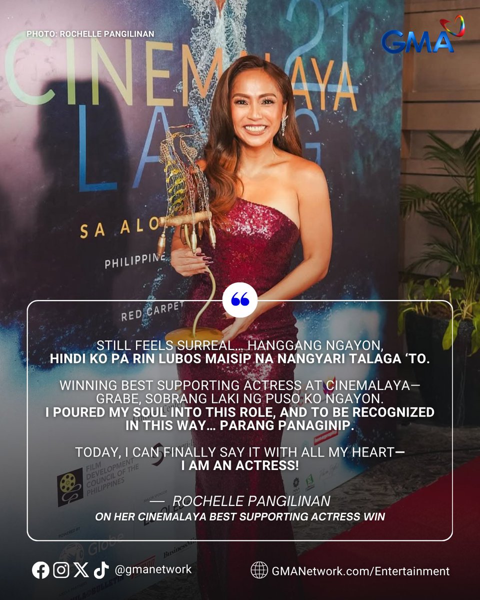 CONGRATULATIONS, ROCHELLE! 🏆✨

#RochellePangilinan is still on cloud nine after bagging the Best Supporting Actress award at Cinemalaya 21: LAYAG sa Alon, Hangin, at Unos Independent Film Festival for her remarkable portrayal as Alicia in 'Child No. 82: Anak ni Boy Kana.'

Read