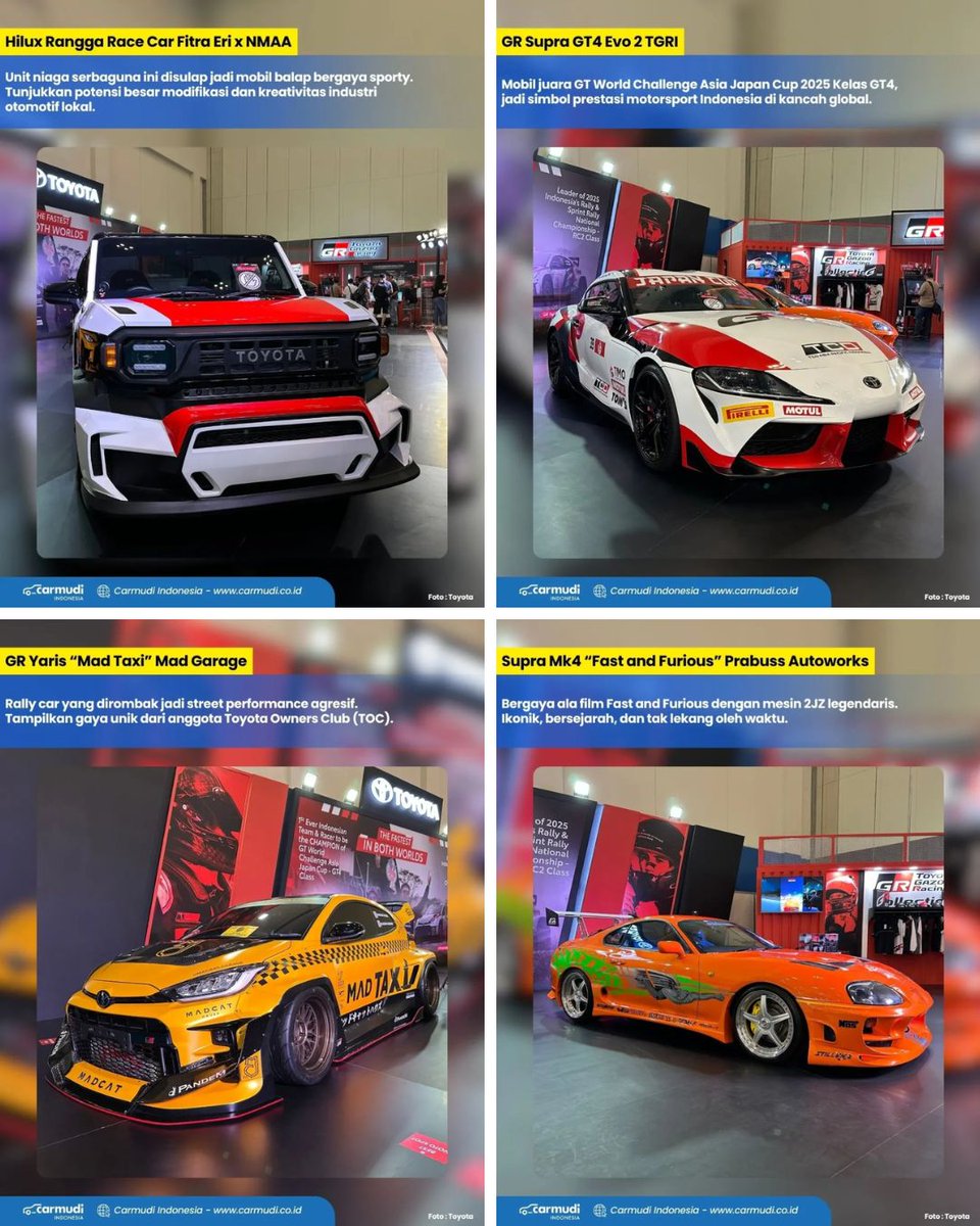 Toyota tampil total di IMX 2025 dengan empat mobil modifikasi: Hilux Rangga Race Car kolaborasi Fitra Eri x NMAA, GR Supra livery TGRI GT4 Japan Cup 2025, GR Yaris Mad Taxi by Mad Garage, dan Supra Mk4 ala Fast and Furious. #Toyota #IMX2025