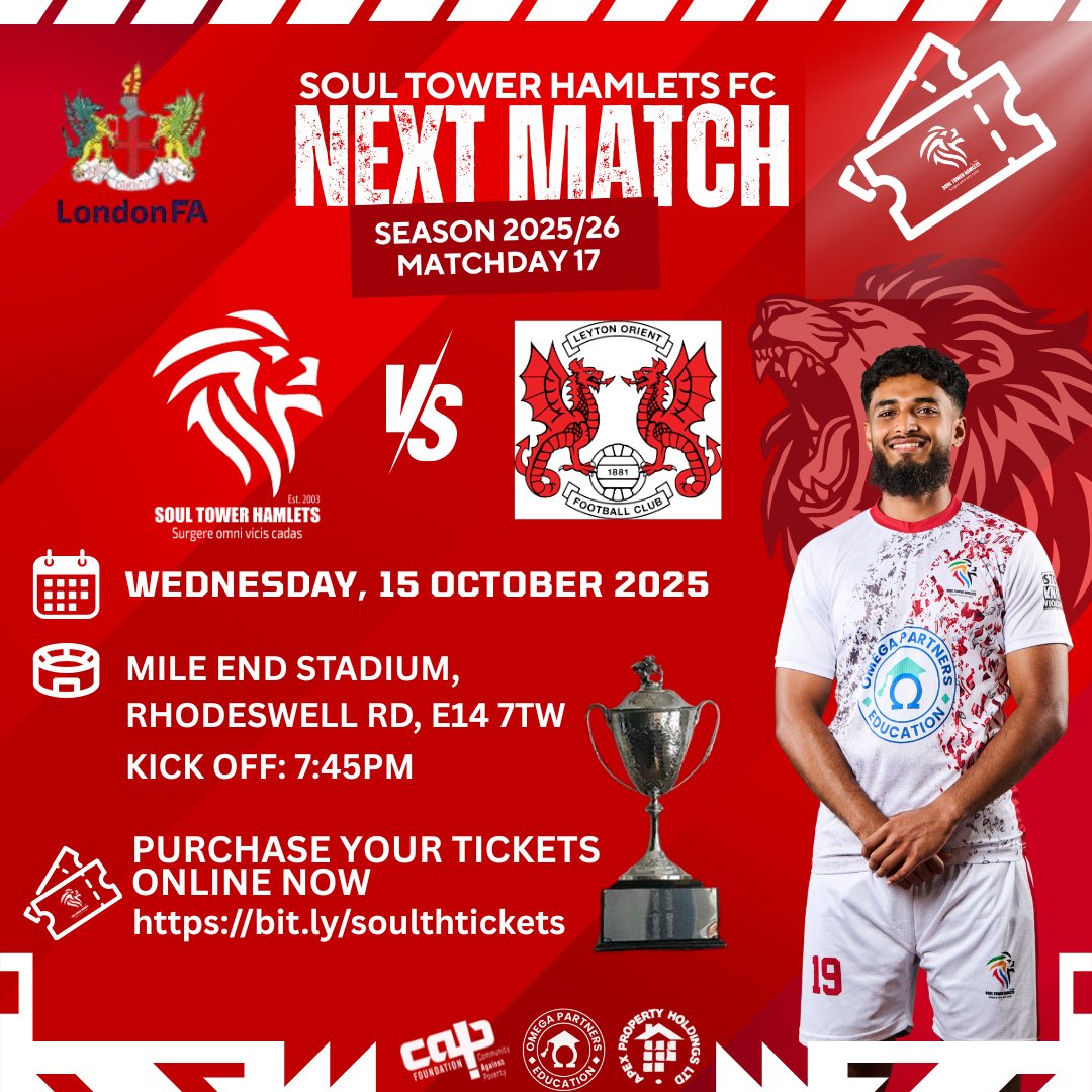 SoulTHFC's tweet image. Next Match London FA Senior Cup

It's Matchday 17, and we are back at Mile End Stadium this Wednesday to take on @leytonorientfc in the London FA Senior Cup!

After securing the top spot in the league with that huge 8-0 win, the team is flying and ready for a big cup test! 

Get…